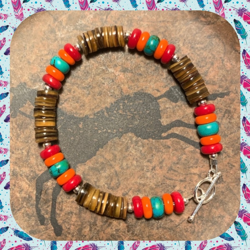 Red & orange coral, turquoise & shell heishi beads